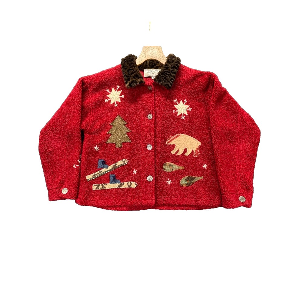 VTG Tasha Polizzi Jacket Womens S Red Sherpa Teddy Faux Fur Collar Applique USA
